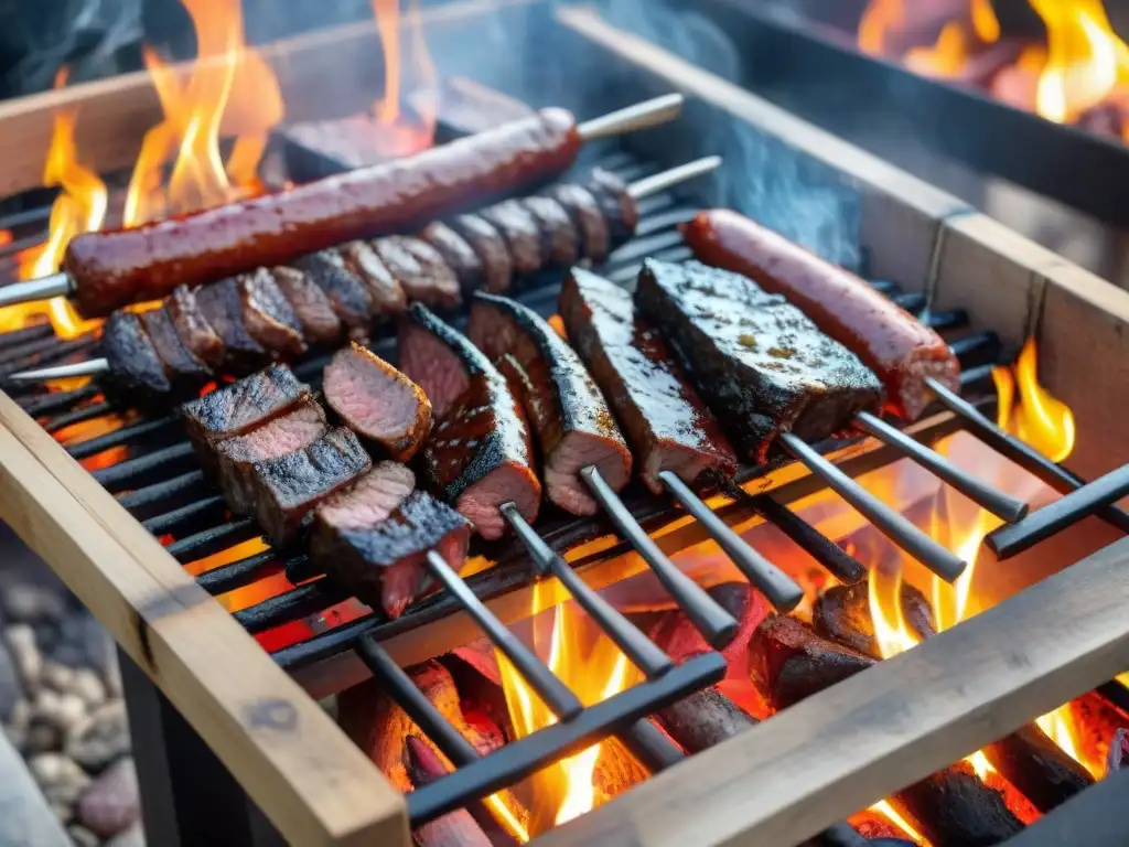 Una parrilla uruguaya cargada de deliciosas costillas, chorizos y morcillas asadas, con llamas danzantes alrededor