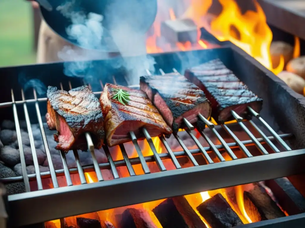 Una parrilla uruguaya de lujo: expertos gauchos asando carne premium sobre brasas ardientes