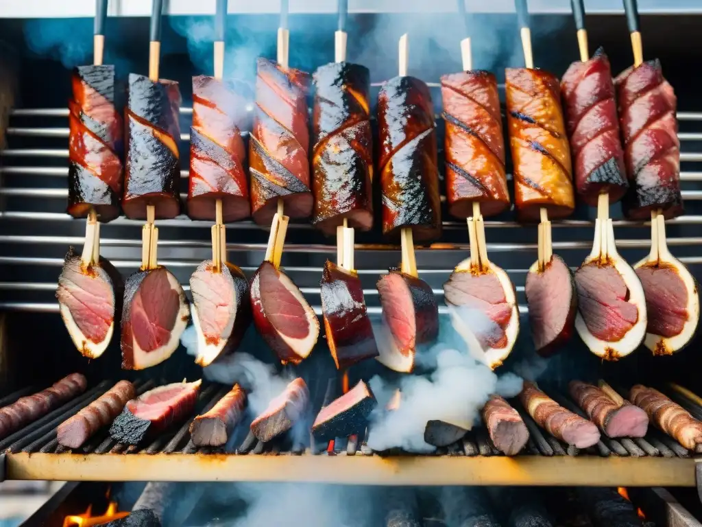 Una parrilla uruguaya tradicional en la bulliciosa Ruta del Asado en Uruguay, con cortes de carne y humo tentador