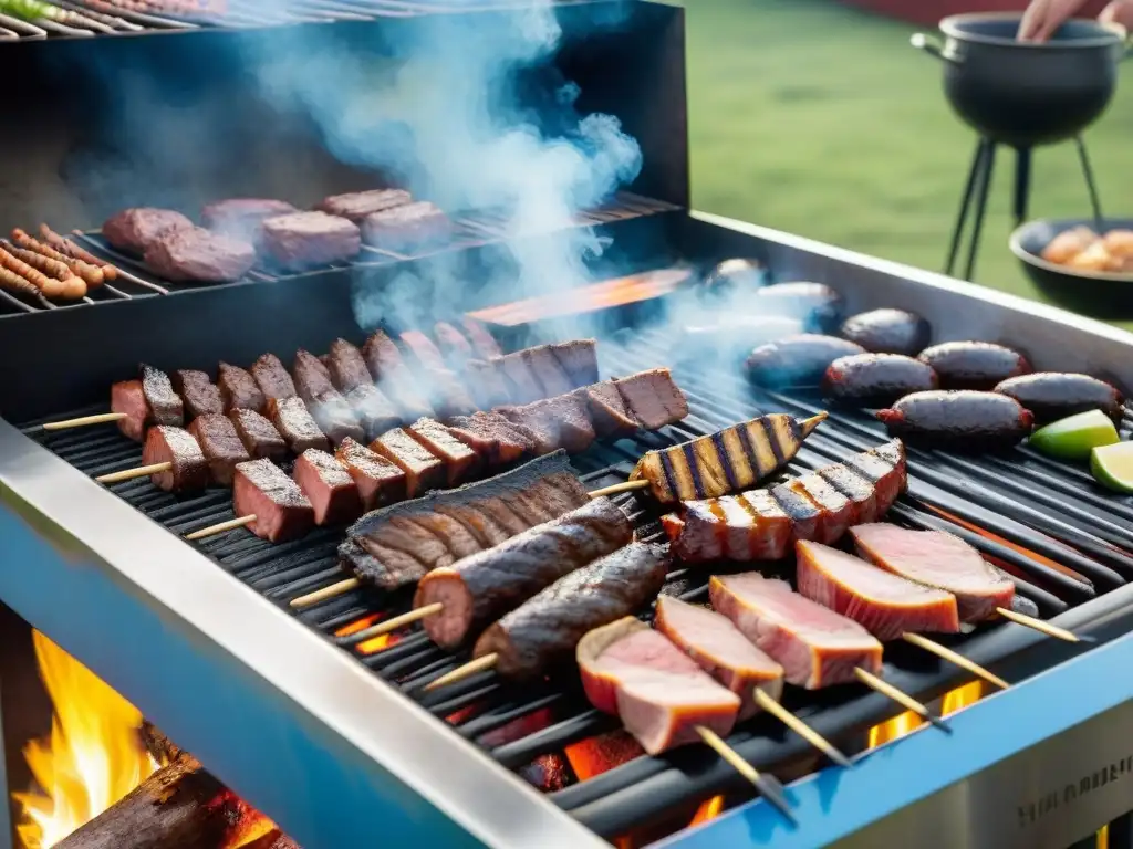 Una parrilla uruguaya tradicional con cortes de carne a la parrilla, chefs gauchos y paisaje campestre