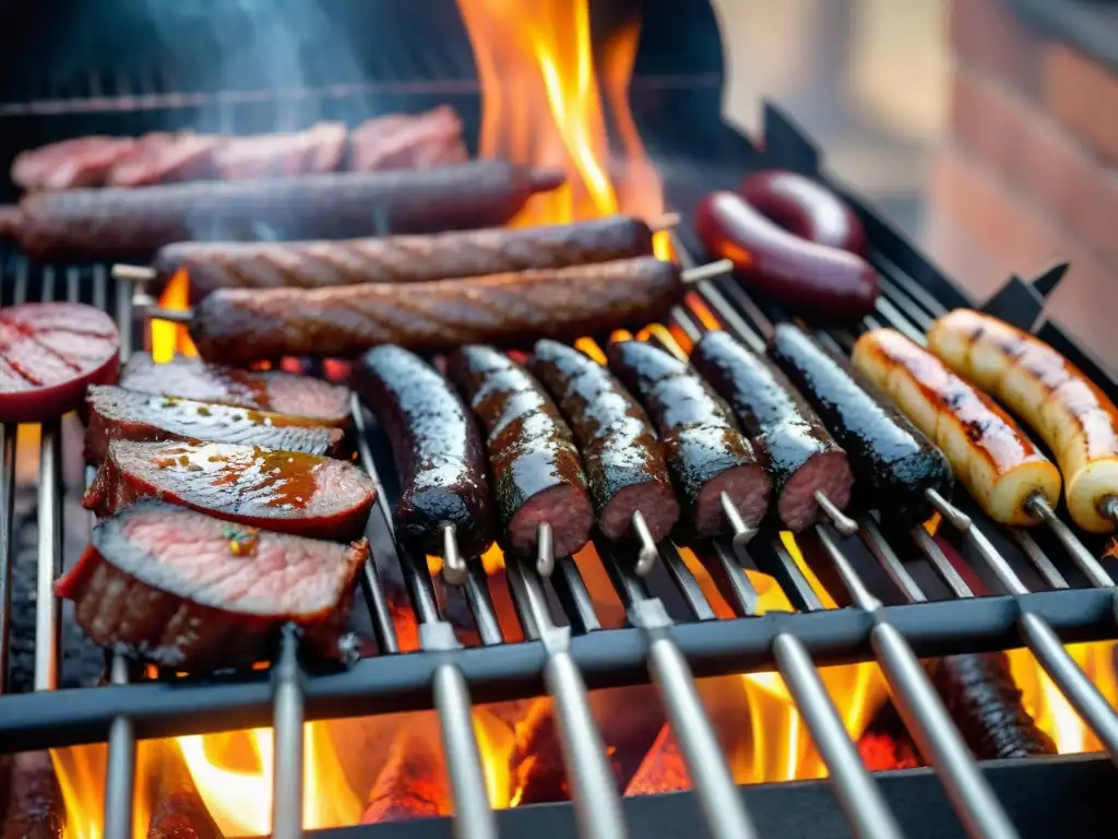 Una parrilla uruguaya tradicional con cortes de carne variados cocinándose a la perfección sobre las llamas