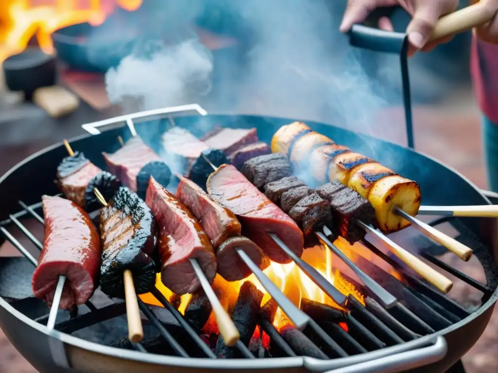 Disfrutando de una Parrillada Uruguaya con amigos y familia bajo un cielo vibrante al atardecer