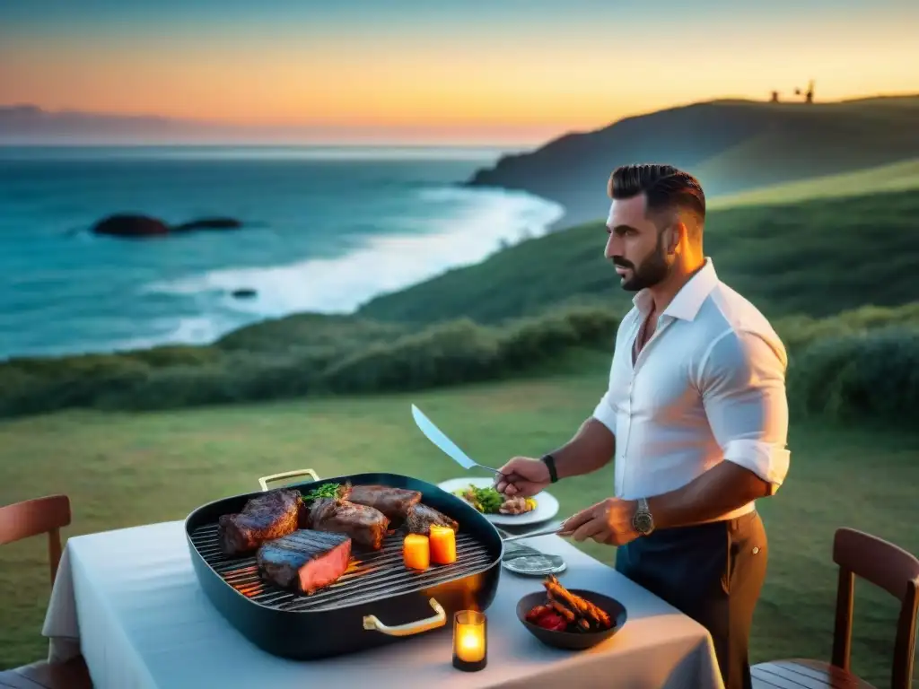 Una parrillada de lujo en la costa uruguaya: un entorno elegante con una parrilla tradicional y comensales disfrutando al atardecer