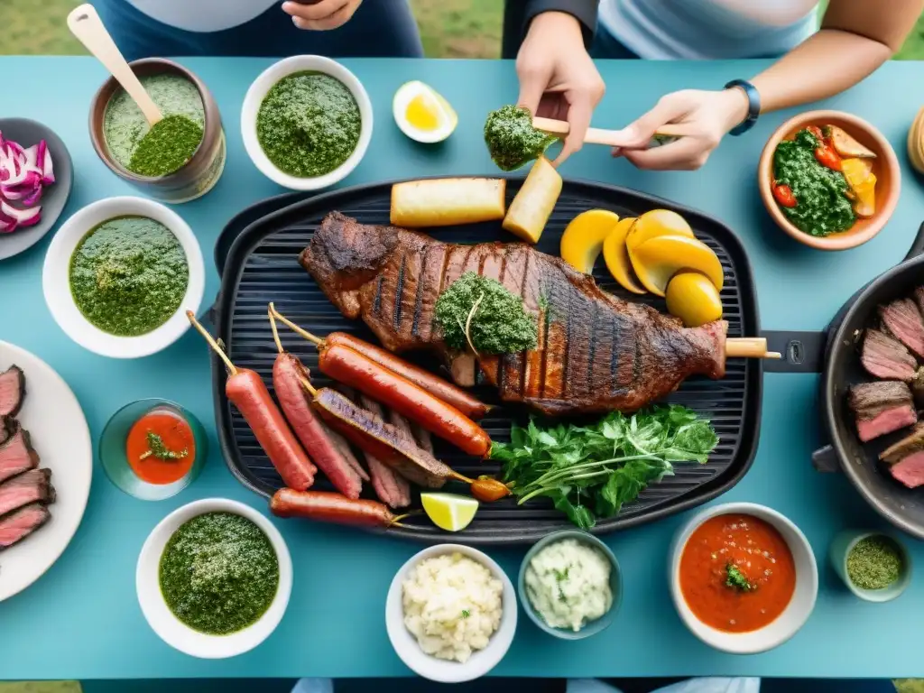 Una parrillada uruguaya tradicional con carnes asándose, rodeada de chimichurri y locales disfrutando juntos, en un entorno campestre