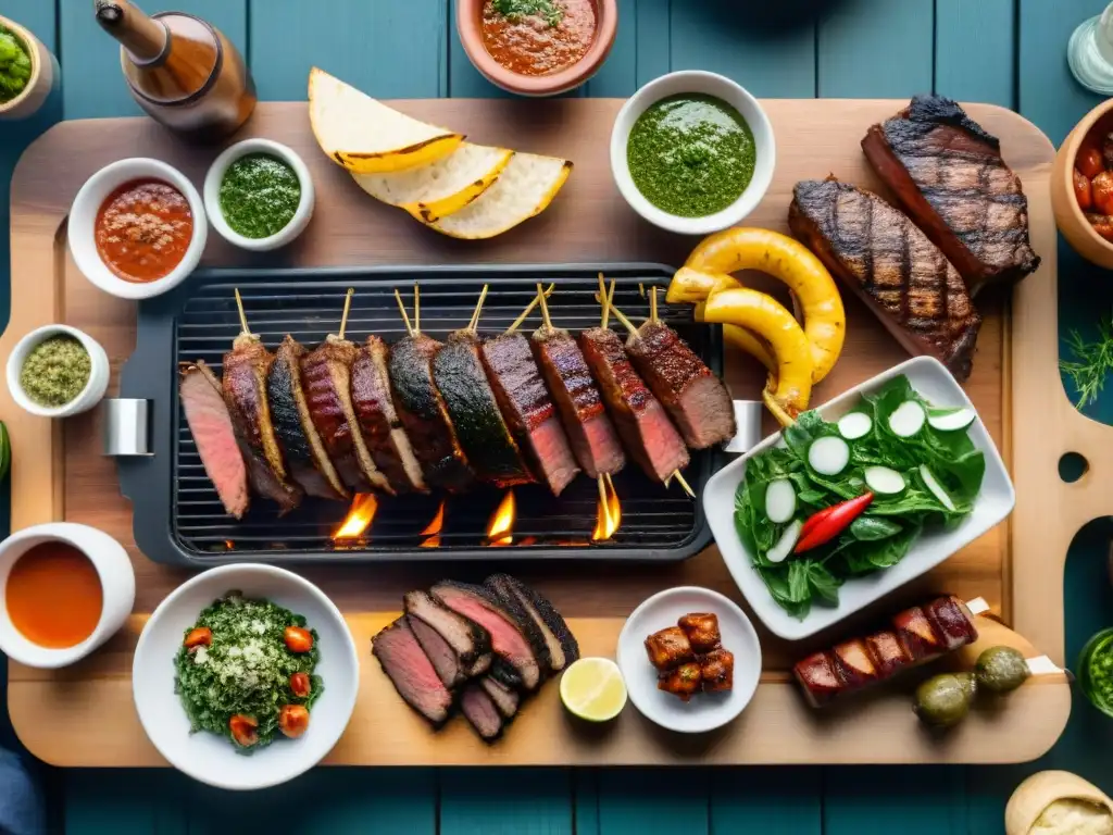 Una parrillada uruguaya tradicional con chorizos, morcillas y vacío, en una mesa rústica