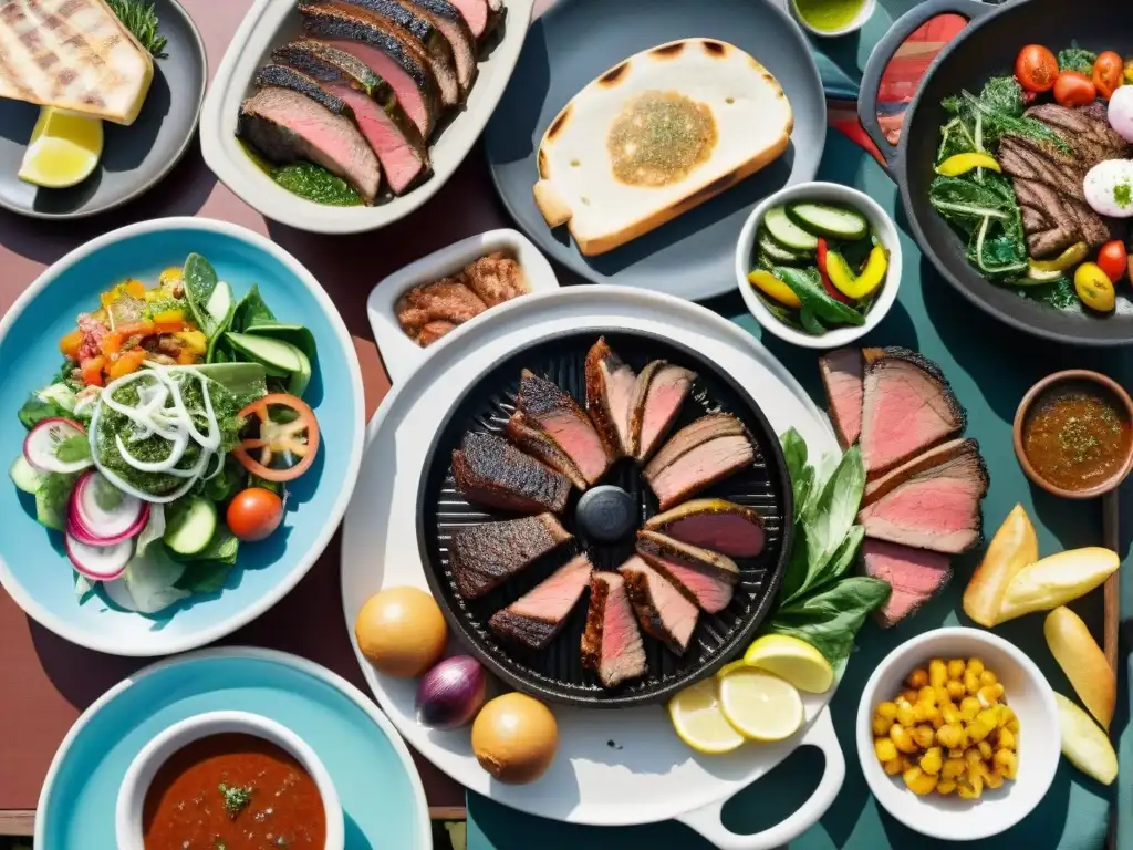 Una parrillada uruguaya tradicional con cortes de carne, ensaladas, chimichurri y pan fresco