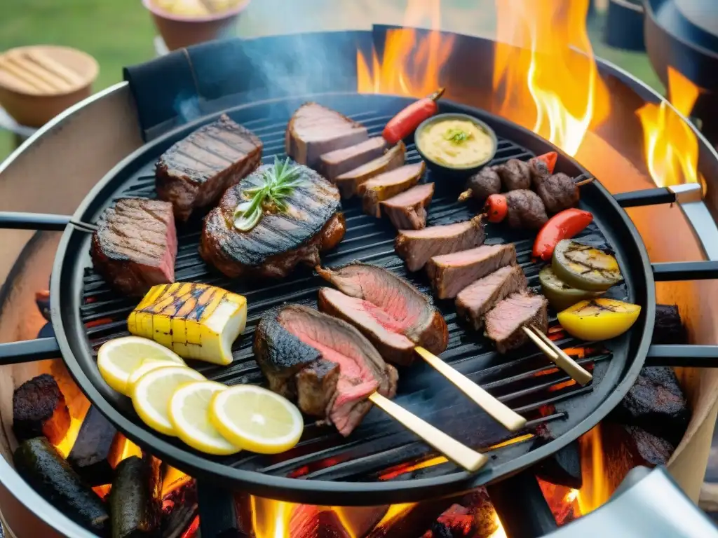 Una parrillada uruguaya tradicional con influencia italiana: carnes variadas en la parrilla, amigos y familia disfrutando alrededor