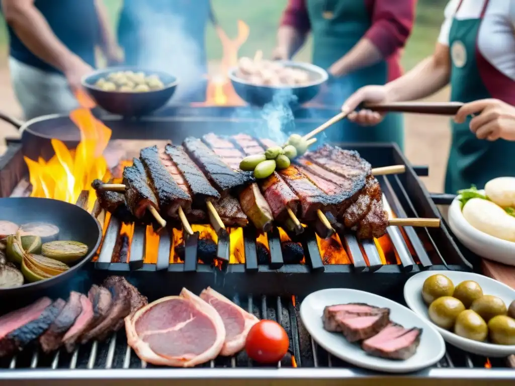 Una parrillada uruguaya tradicional con influencias europeas, amigos y familia celebrando juntos