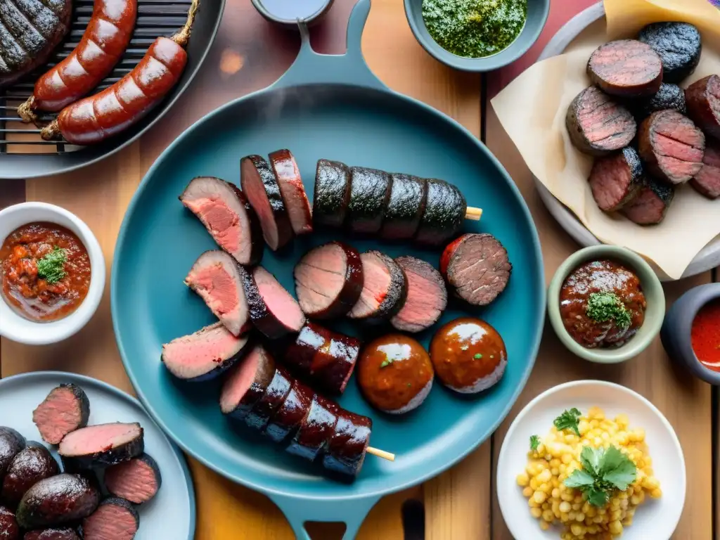 Una parrillada uruguaya tradicional en una mesa de madera rústica con cortes de carne, chorizos, morcilla y chimichurri