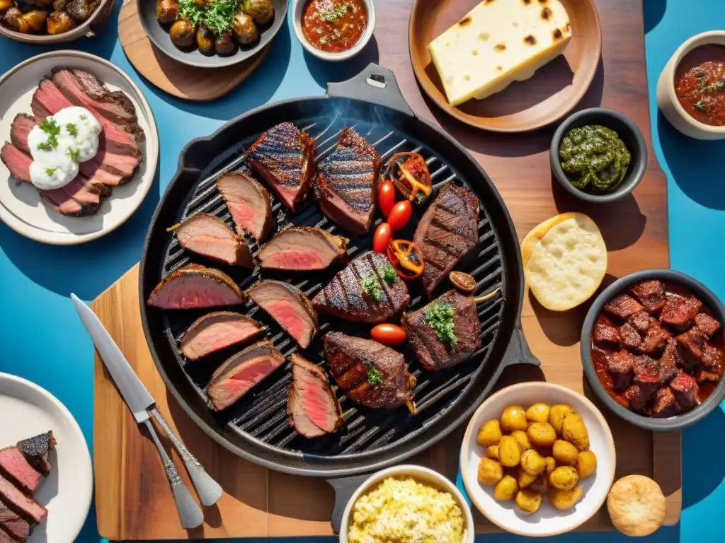 Una parrillada uruguaya tradicional en una mesa de madera rústica, rodeada de amigos y familiares en una celebración festiva