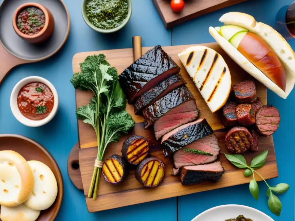 Una parrillada uruguaya tradicional en una mesa rústica, con cortes de carne a la parrilla, chimichurri y vino local