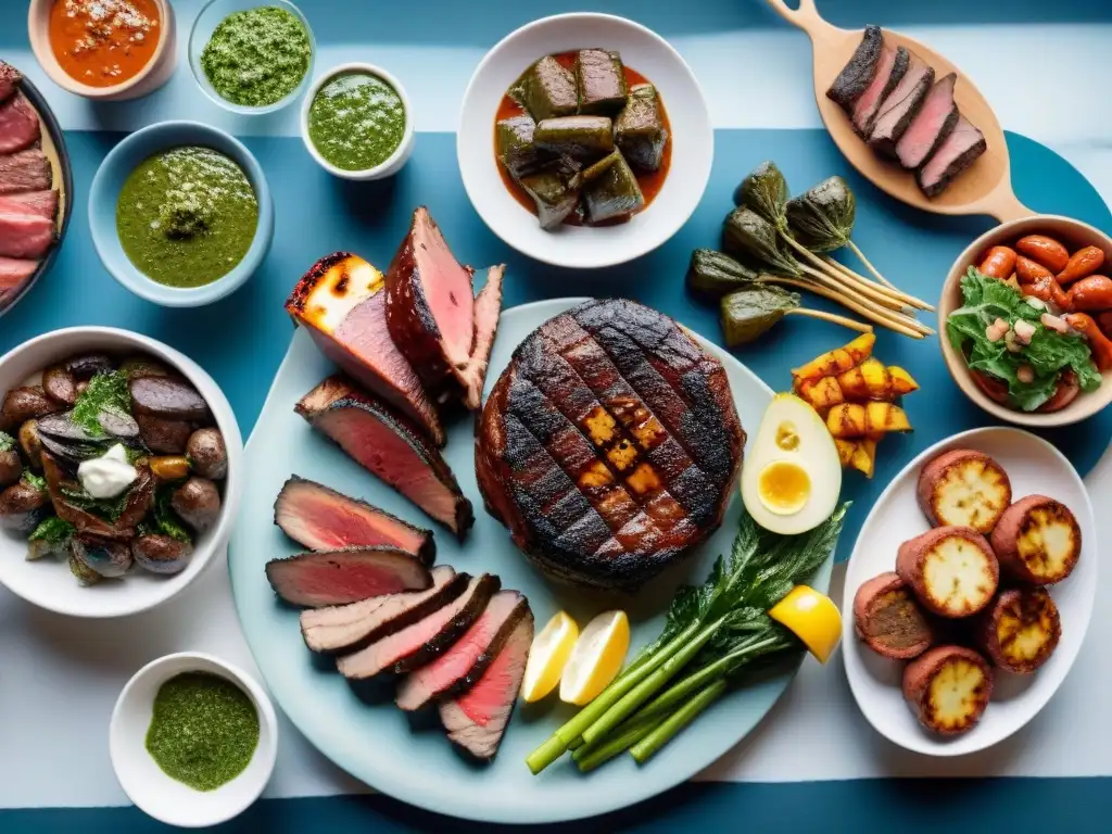 Una parrillada tradicional uruguaya para ocasiones especiales, con variedad de carnes a la parrilla, chimichurri y ensalada mixta fresca