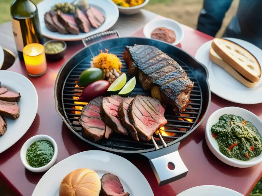 Una parrillada tradicional uruguaya con variedad de carnes, chimichurri, vino Tannat y ambiente festivo al aire libre