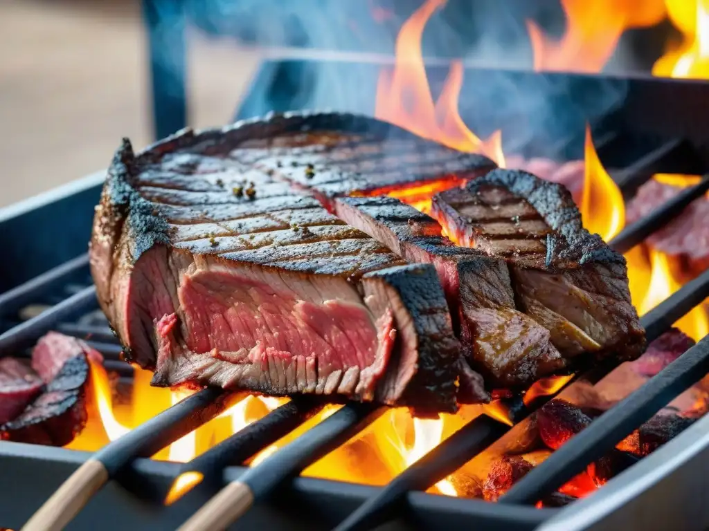 Una parrillada uruguaya llena de secretos: carne sazonada, parrilla en llamas y la destreza de un experto asador