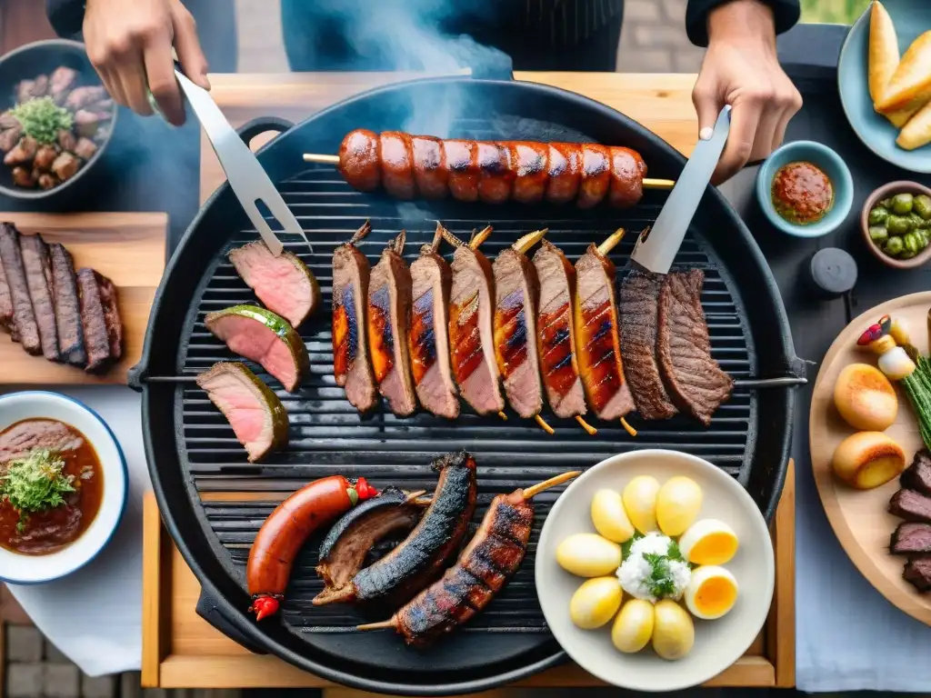 Una parrillada uruguaya tradicional contemporánea con cortes de carne al fuego, humo y mesas rústicas