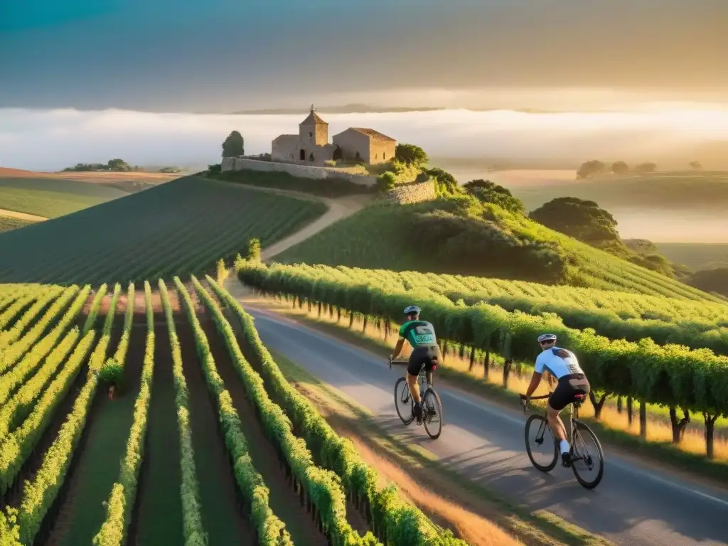 Un paseo en bicicleta por los viñedos de Uruguay al atardecer, mezclando aventura y descubrimiento