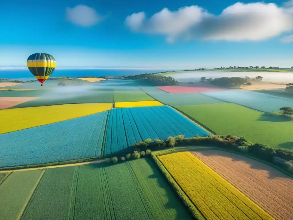 Paseo en globo sobre los campos coloridos de Uruguay, con un paisaje sereno y un cielo azul salpicado de nubes