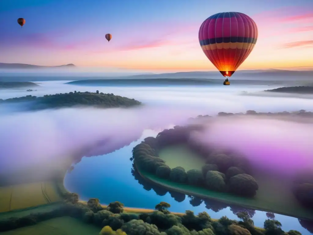 Un paseo en globo por el impresionante paisaje de Uruguay al amanecer, reflejando colores vibrantes en un lago tranquilo