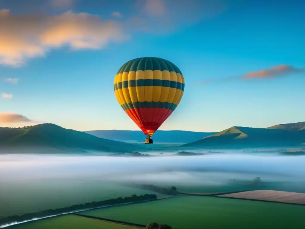 Un paseo en globo en Uruguay sobre llanuras verdes, con luz matinal iluminando paisaje