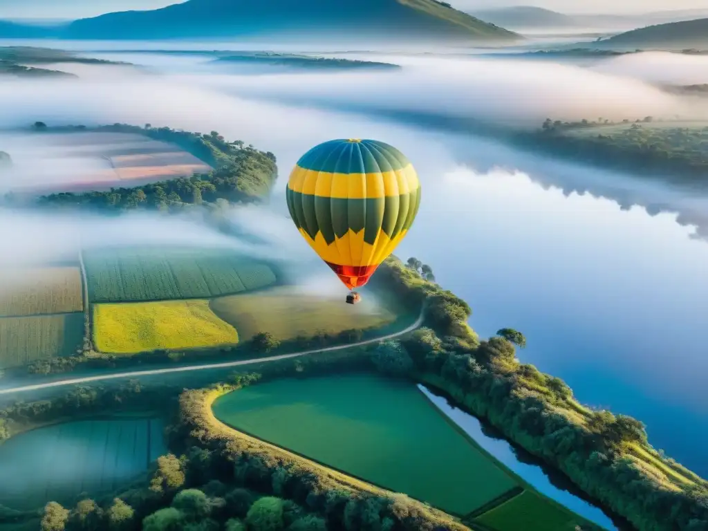 Un paseo en globo por el paisaje sereno de Uruguay al amanecer, reflejando en el río