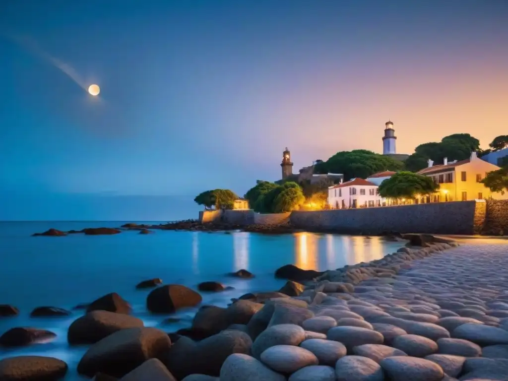 Un paseo mágico por la Fotografía nocturna en Uruguay: calles empedradas iluminadas, arquitectura colonial y el río bajo la luna