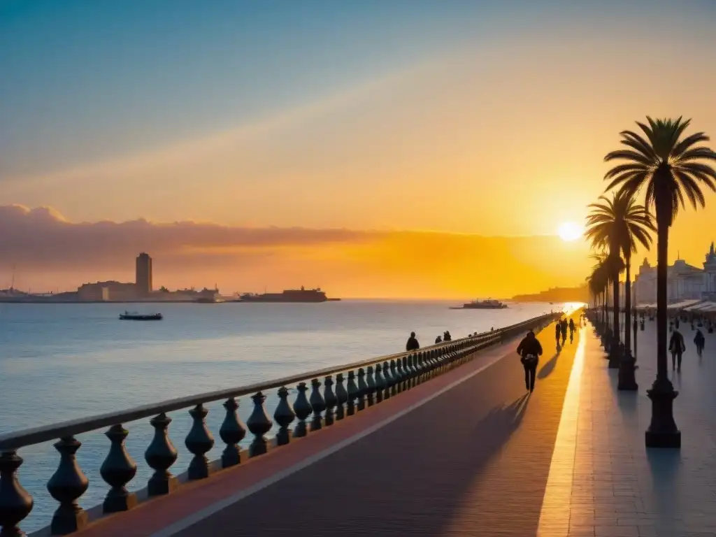 Paseo por la Rambla de Montevideo al atardecer, reflejando la tranquilidad y belleza natural del lugar