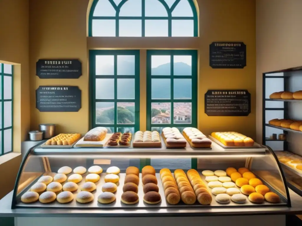 Pastelería tradicional en Uruguay: Cocina bulliciosa con chefs creando medialunas y alfajores, fusionando tradición e innovación