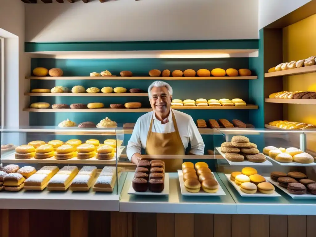 Una pastelería tradicional uruguaya rebosante de clientes y deliciosos postres como alfajores, chaja y pasteles de dulce de leche