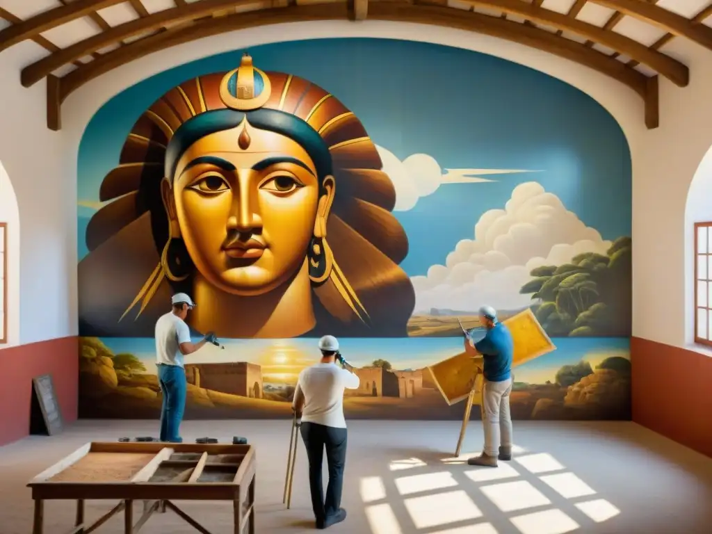 Conservación del patrimonio cultural en Uruguay: Equipo restaurando un mural centenario con pasión y precisión