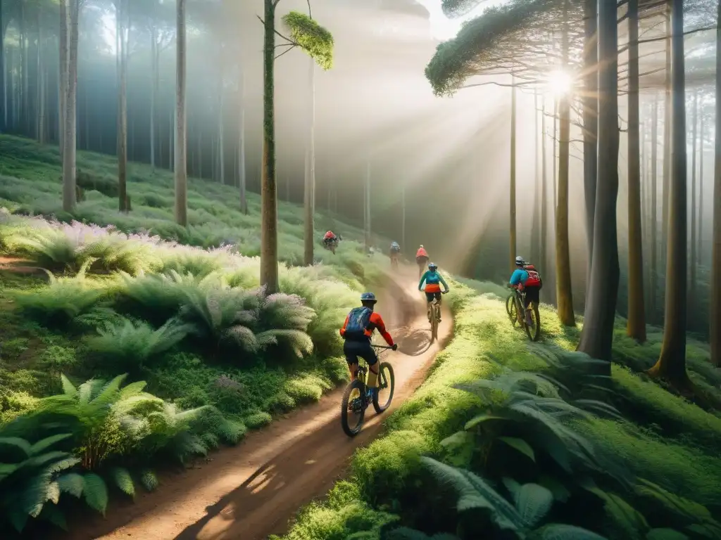 Explora el patrimonio natural de Uruguay en ciclismo: grupo de ciclistas recorriendo senderos entre bosques verdes y nativos