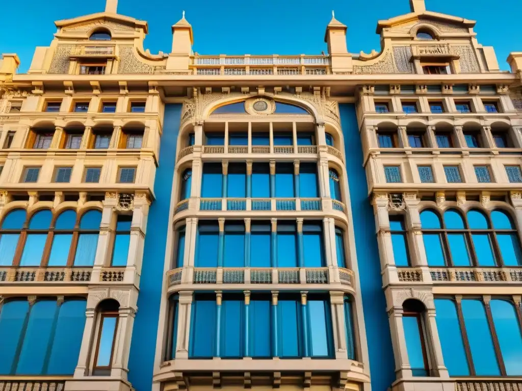 Patrones fotográficos simétricos en el icónico Palacio Salvo de Montevideo, Uruguay, bajo un cielo azul claro