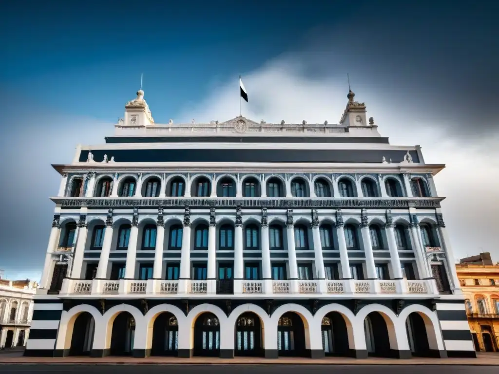 Patrones y simetría en la fotografía de Uruguay: Palacio Salvo en blanco y negro, juego de luces y sombras