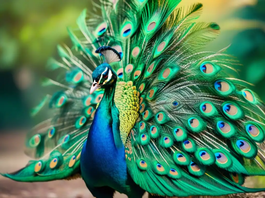 Un pavo real vibrante muestra sus plumas detalladas en un jardín verde