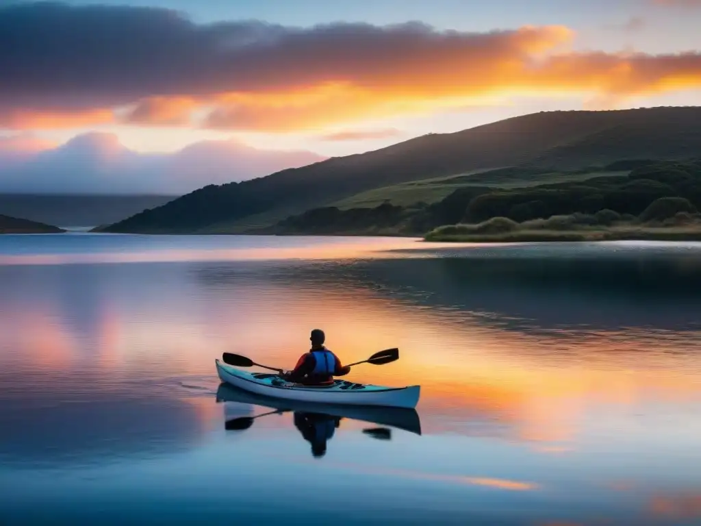 Paz en Laguna Garzón al atardecer, con un kayakista solitario