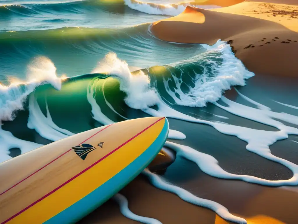 La Pedrera Uruguay surf olas: Detalle vibrante de una tabla de surf en la playa, con olas cristalinas de fondo bajo el cálido sol