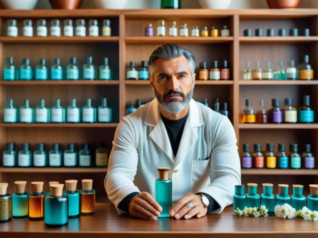 Un perfumista en Uruguay mezcla esencias botánicas en un frasco de vidrio, rodeado de colores y luz