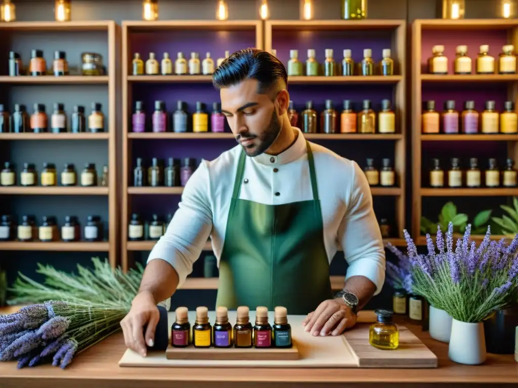 Un perfumista experto en Uruguay selecciona y mezcla plantas locales para crear perfumes con esencia de Uruguay, rodeado de ingredientes naturales