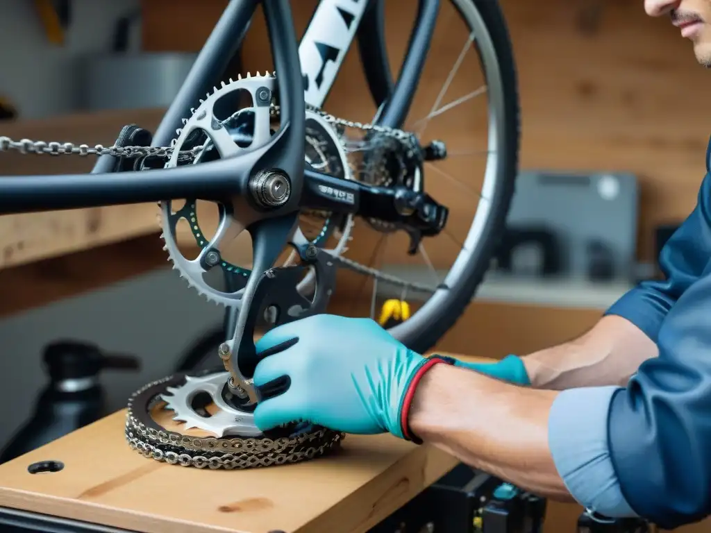 Persona engrasando cadena de bicicleta en garaje bien iluminado, con herramientas de reparación organizadas