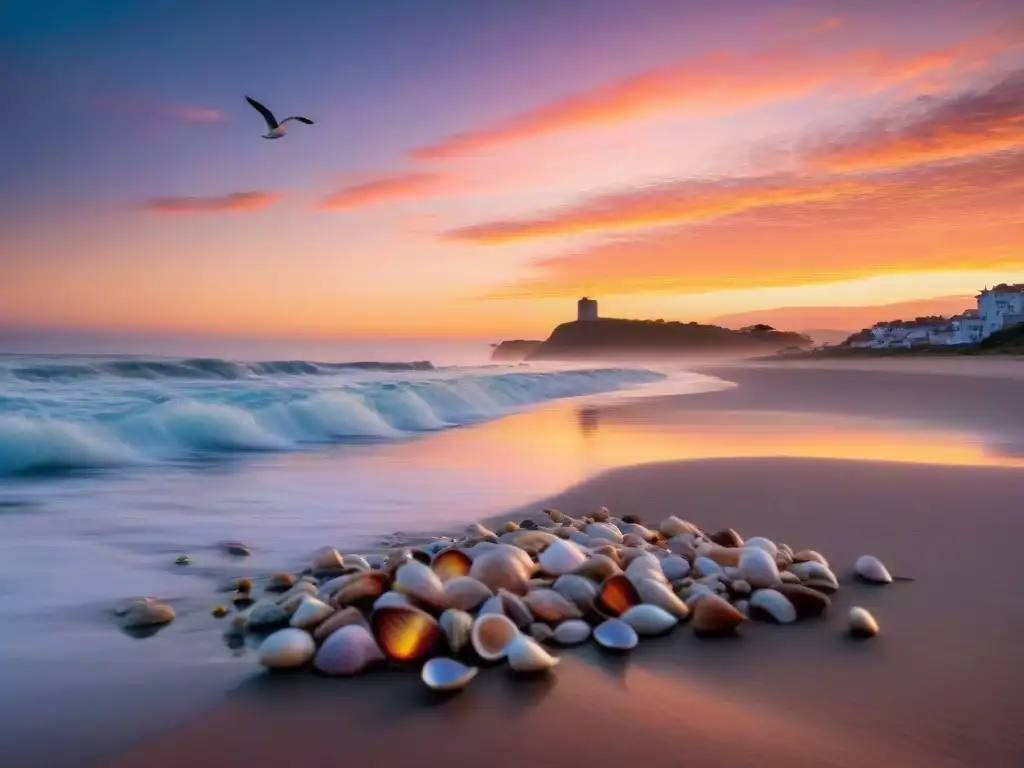 Persona recolectando conchas al atardecer en playa uruguaya, reflejando el turismo responsable en costas uruguayas