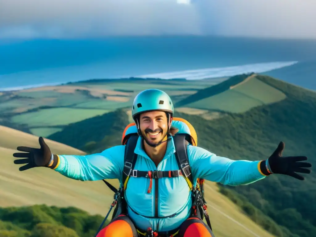 Persona con determinación y emoción en parapente en Uruguay, listo para superar alturas