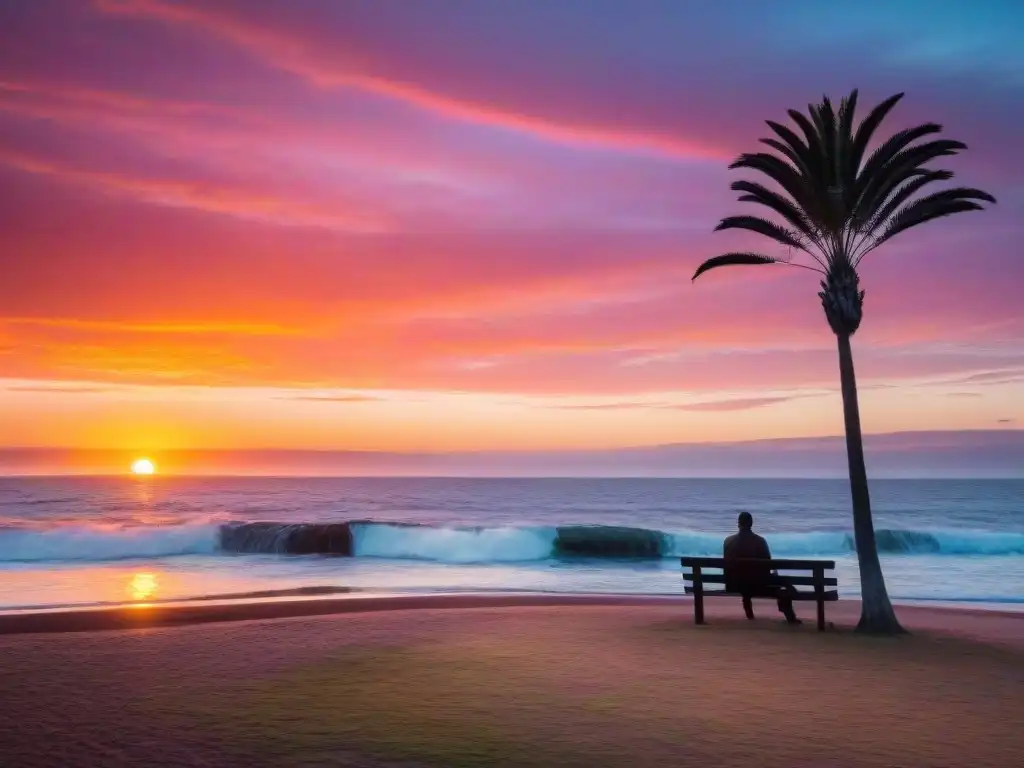 Persona con gafas de sol disfruta del atardecer en la costa de Punta del Este, Uruguay