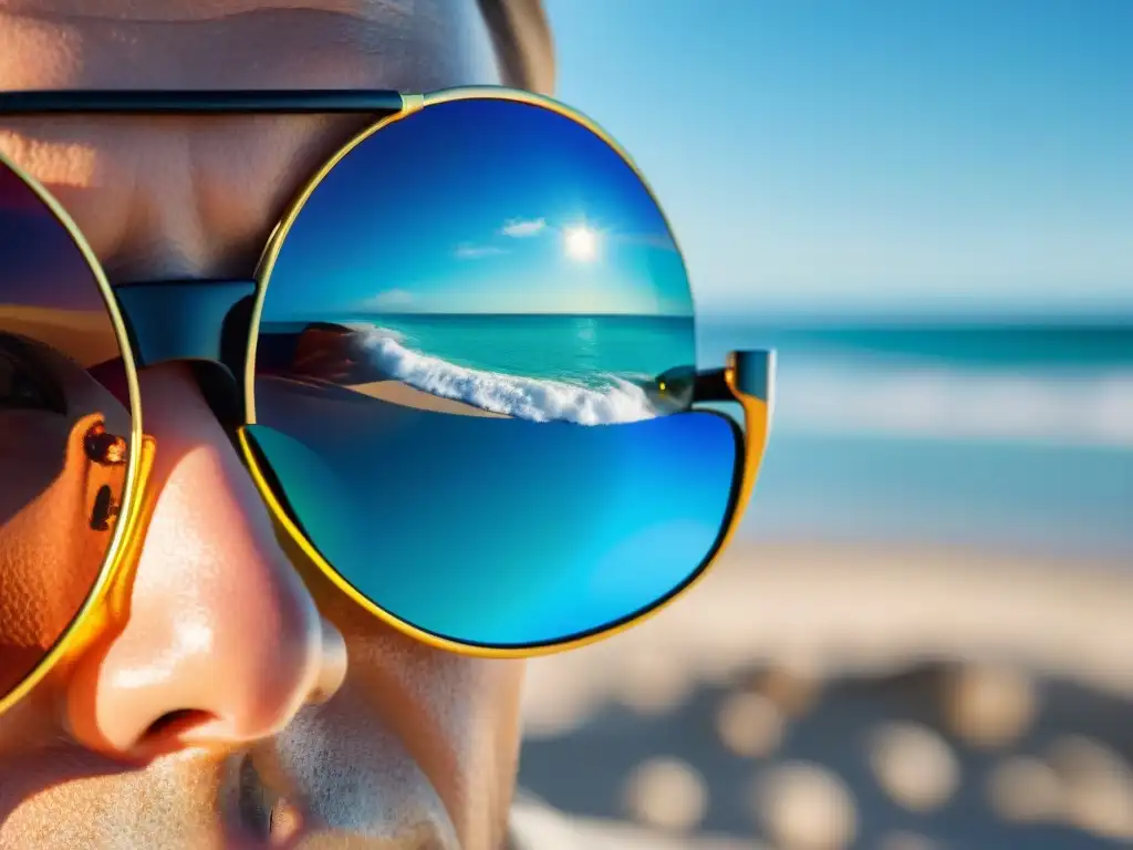 Persona con gafas de sol para Uruguay bajo el sol brillante en la playa, reflejando la importancia de la protección UV