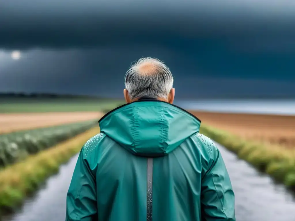 Persona en Uruguay caminando con determinación bajo la lluvia con chaqueta impermeable de alta calidad