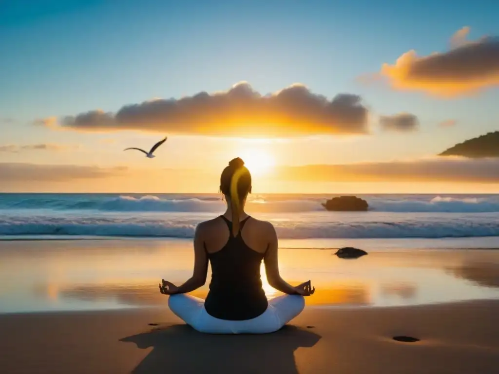 Meditación en Uruguay: Persona meditando en la playa al atardecer, rodeada de paz y belleza natural