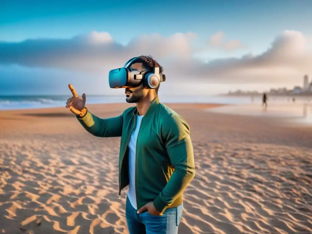 Persona en playa de Punta del Este usando auriculares de realidad virtual, fusionando viaje físico y virtual en Uruguay