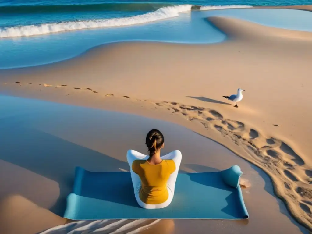 Persona meditando en la playa de Uruguay, rodeada de naturaleza y paz