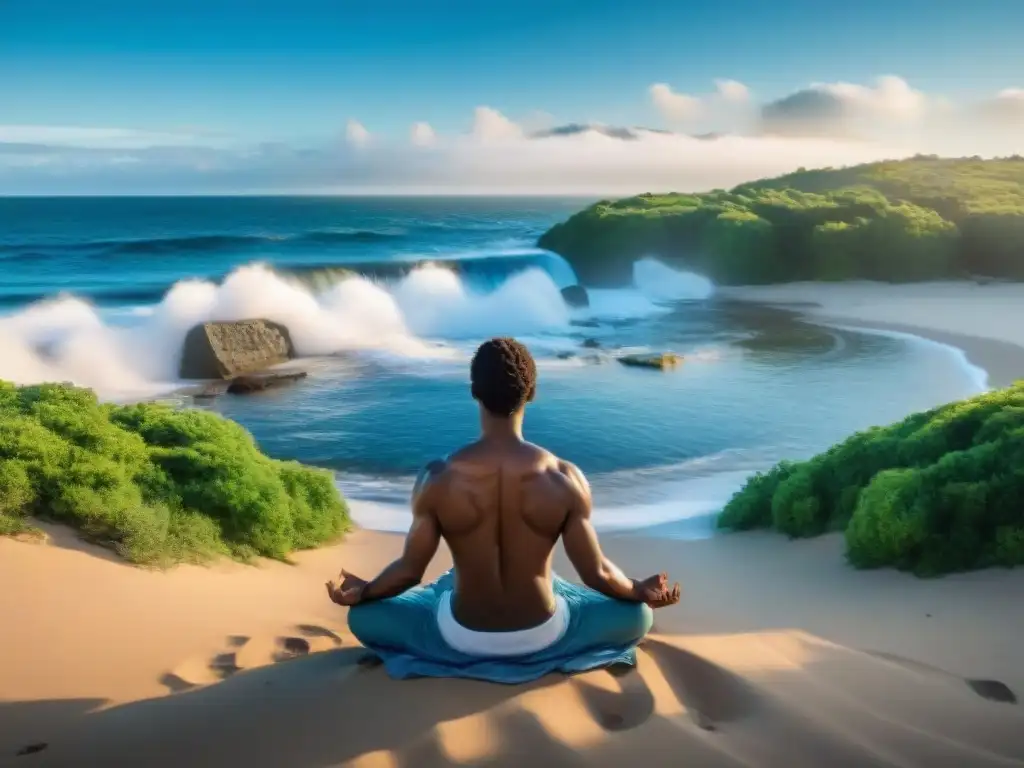 Persona meditando en una playa serena de Uruguay, en armonía con la naturaleza