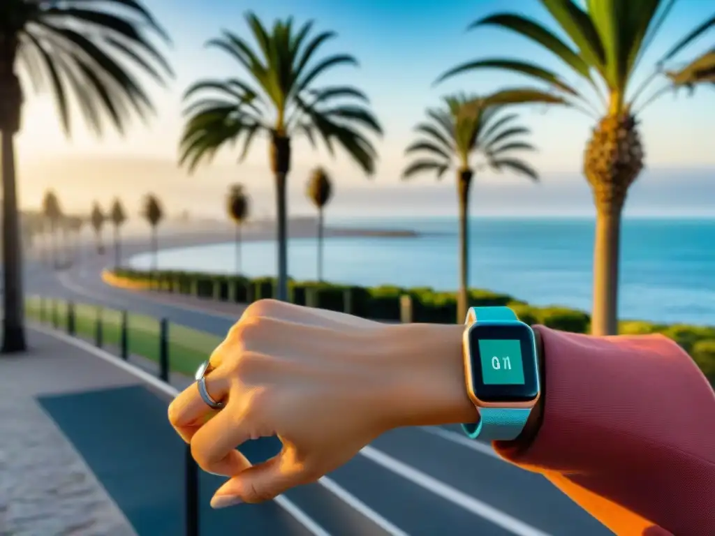 Persona corriendo en la Rambla de Montevideo con smartwatch mostrando datos de fitness, costa escénica y lugareños activos