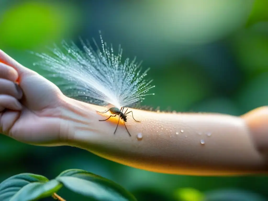 Aplicación de repelente de mosquitos: protección natural en la piel Persona aplicando repelente de mosquitos en brazo, protegiéndose en entorno natural