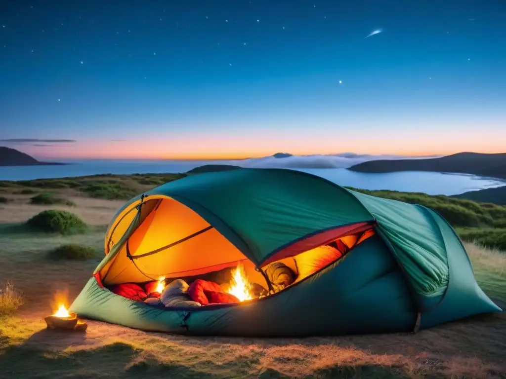 Persona durmiendo en saco de dormir bajo las estrellas en Uruguay, resaltando la calidez y confort